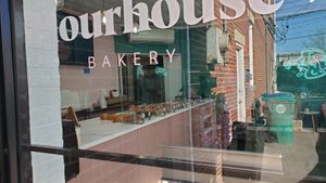 Front Door Looking In at Flourhouse Bakery at Mike & Patty's in Newton