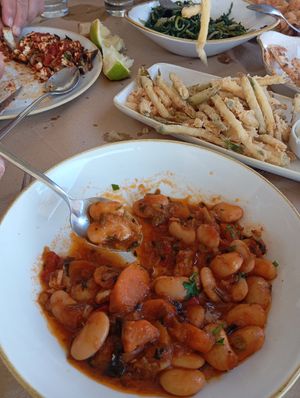Giant bean stew, zucchini , wild green salad at O Aetos - Ο Αετός Restaurant in Pylos
