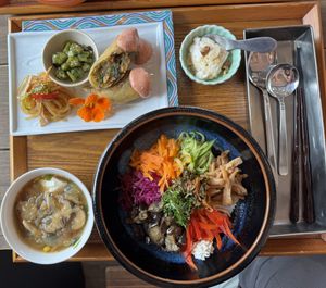 Vegan Bibimbap with soy ice cream, veggie soup and veggie spring rollls  at Veggie Cafe Mazina in Fujinomiya