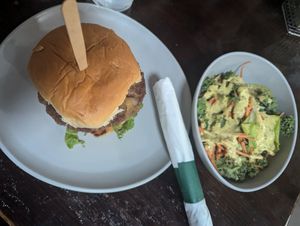 Burger and kale salad at Wahlburgers in Byron Bay