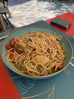 Sweet chilli noodles stir fry   at Soya in Skopelos