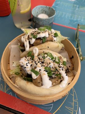 Mushroom bao with caramelised onions, cucumber and lettuce  at Soya in Skopelos