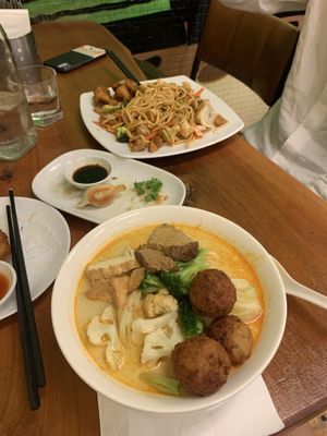 Laksa curry, deep fried mushrooms, fried dumplings, and chow mee  at Aunty Mena's in Wellington