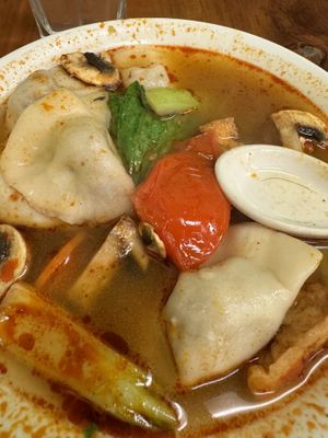 Tom yum with dumplings   at Aunty Mena's in Wellington