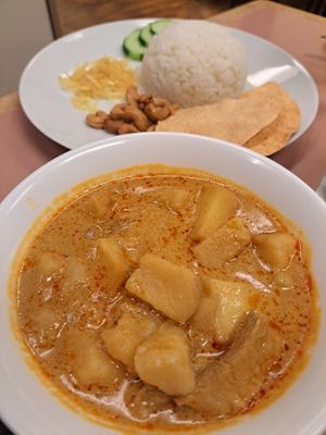 Nasi Lemak, soya slice with potato curry at Aunty Mena's in Wellington