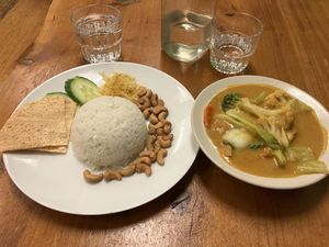 Nasi lemak with curry  at Aunty Mena's in Wellington