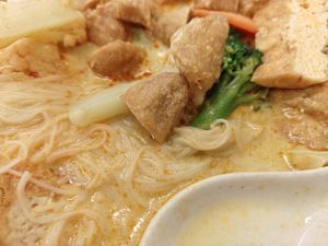 Laksa with mock duck and rice noodles at Aunty Mena's in Wellington