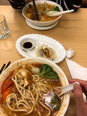 Tom yum noodles in the front, laksa in the back, and dumplings  at Aunty Mena's in Wellington