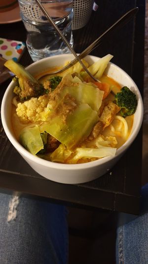 Laksa curry with tofu and veggie balls at Aunty Mena's in Wellington
