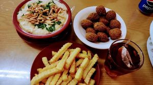 Fatteh, falafel and fries with chai at Al Mohandes Cafeteria - مطعم المهندس in Aqaba