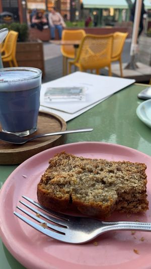 Butterfly pea latte and banana bread😋  at Farm Girl in South West London