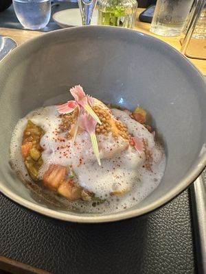 Starter with tomato sorbet. Delicious!!  at La Musardière in Giverny