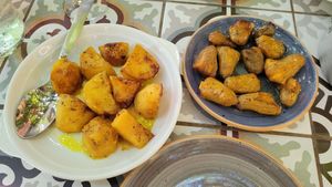 Zucchini flowers and baked potatoes at Hamam Cafe in Rhodes