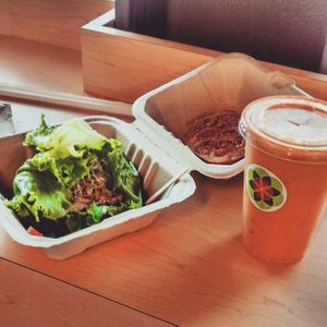 Gardenburger and carrot cake smoothie at Fruition - Seaport Farmers' Market in Halifax
