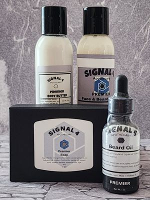 Oil bundle comes with a body butter, face and beard wash, bar of soap and a premium beard oil. at Signal Four Apothecary - Pop Up in Stafford