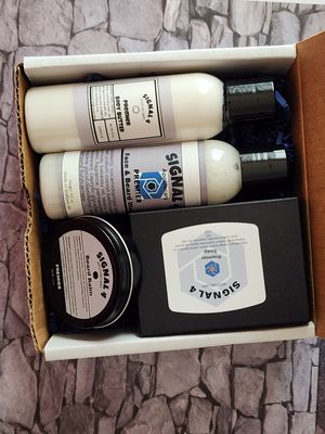 Balm bundle comes with a bidy butter, face and beard wash, bar of soap and a signature balm. at Signal Four Apothecary - Pop Up in Stafford