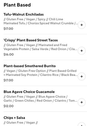 Plant-based section of menu  at Blue Agave Grill in Denver
