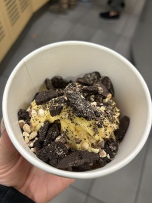 Cake batter with Oreos and almonds - yum!   at Menchie's Frozen Yogurt in Citrus Heights