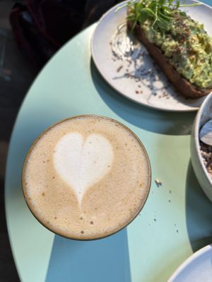 Pistachio latte and avocado toast  at Lucy's The Deli in Berlin