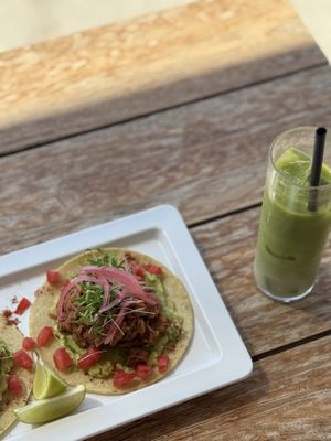 Jackfruit tacos and iced matcha latte with coconut milk   at Green Pepper  in Gialova