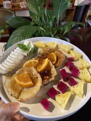 pancakes oat milk fresh garden fruits  at Lanterns Coffee in Hoi An