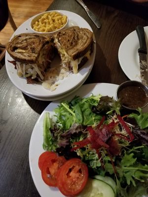Reuben with mac and cheese and a huge side salad at The Chicago Diner - Logan Square in Chicago