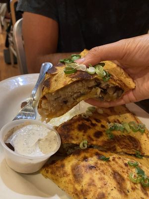 Inside of pierogi quesadilla   at The Chicago Diner - Logan Square in Chicago