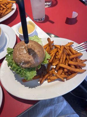 titanic burger with sweet potato friess  at The Chicago Diner - Logan Square in Chicago