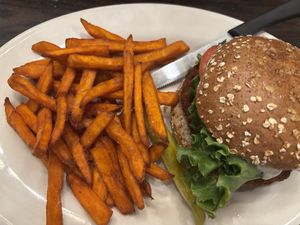 spicy crispy chicken + sweet potato fries! at The Chicago Diner - Logan Square in Chicago
