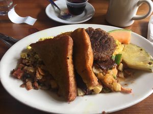 Breakfast combo, choice of french toast, pancake, english muffin or toast. at The Chicago Diner - Logan Square in Chicago