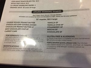 Shake menu  at The Chicago Diner - Logan Square in Chicago