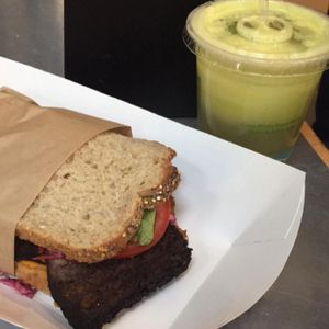 Jerk Tofu & Yam Sandwich and Gingerlicious Juice at Plum Pantry in Seattle