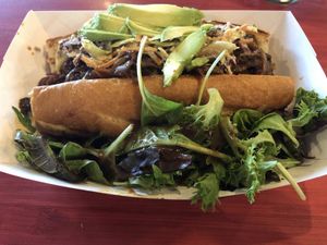BBQ Pull 'Shroom Po-boy with greens and balsamic vinaigrette  at Plum Pantry in Seattle