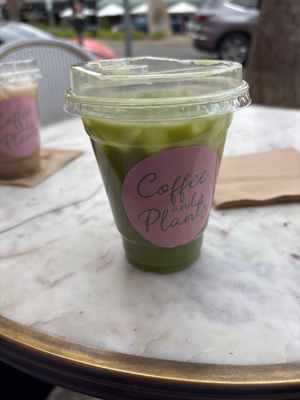 Matcha latte with a chi latte in back   at Coffee and Plants  in Los Angeles