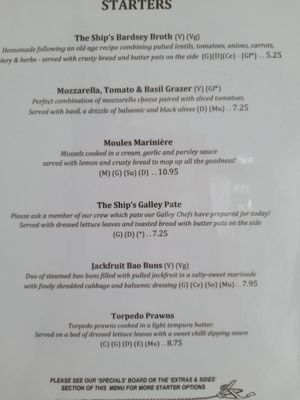 Starters menue,vegan labelled at The Ship Hotel in Aberaeron