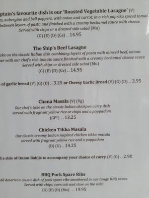 Main menue at The Ship Hotel in Aberaeron