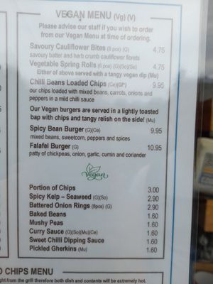 Vegan menue at Sblash Fish Bar in Aberdaron