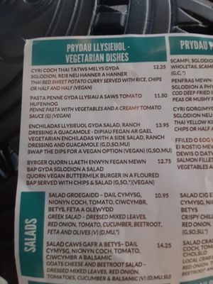 Menue at Gwesty Tŷ Newydd in Aberaeron
