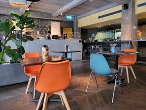 Seating inside at 123V Bakery in London