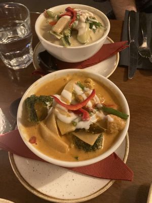 Red curry and green curry. Photos don’t do it justice!!  at The Chequers in Watlington