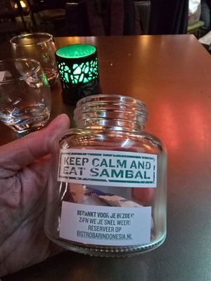 Jeep calm and eat sambal (got this candy with the bill, no idea whether they were vegan) at Bistrobar Indonesia - temporarily closed in Haarlem