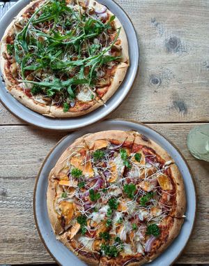 Shrrom (top) & Batate pizzas. at NOAH in Mainz