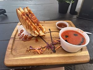 vegan disco and tomato soup  at Grilled Cheese Gallery in Provincetown