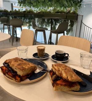 Hot focaccia sandwich: vegan grilled vegetables with baked red pepper cream  at Ohana in Budapest