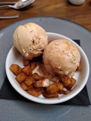 Vegan dessert with apple and caramel ice cream at The Old Courthouse in Caernarfon