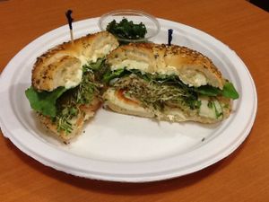 Vegetarian California sandwich on an everything bagel. at Superfoods Cafe & Market in Mt Airy