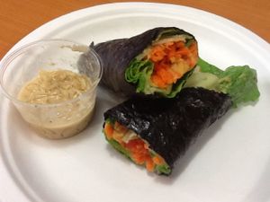 Raw vegan, GF red pepper hummus wrap on a nori sheet with Thai kelp noodles. at Superfoods Cafe & Market in Mt Airy