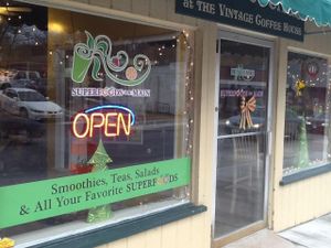 Outside of the shop all dressed up for the holiday season. at Superfoods Cafe & Market in Mt Airy