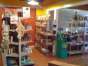 Shelves in the shop, displaying superfoods. at Superfoods Cafe & Market in Mt Airy