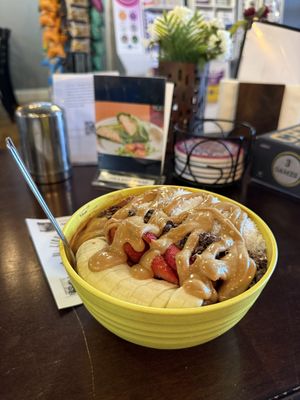 Chocolate strawberry smoothie bowl with pb on top   at Superfoods Cafe & Market in Mt Airy